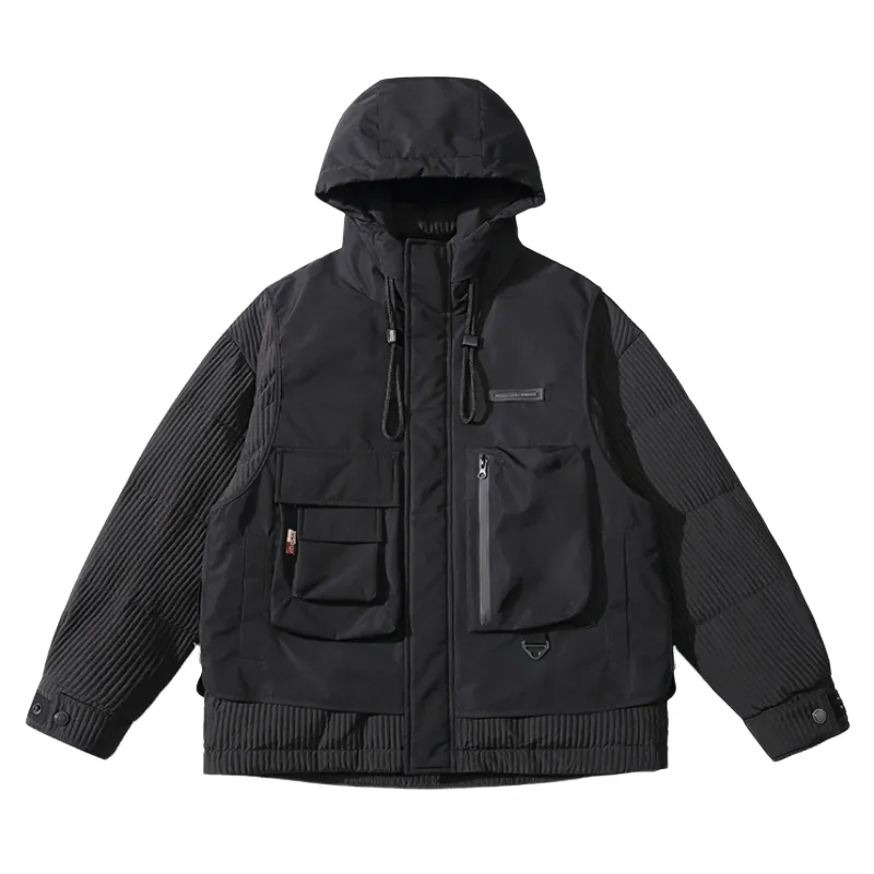 Color-matching Retro Multi-pocket Fake Two-piece Hooded Down Jacket ...